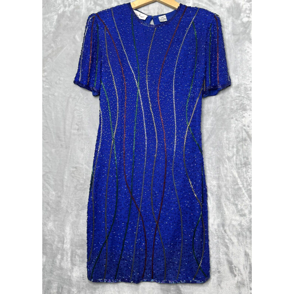 Laurence Kazar Dress Womens PS Blue Rainbow Beaded Silk Rayon Lined Vintage